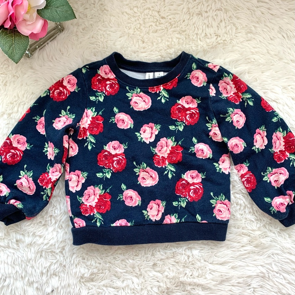 Janie and Jack Pink Red Roses Floral Navy Cotton Sweatshirt Top Little Girl 3T 3